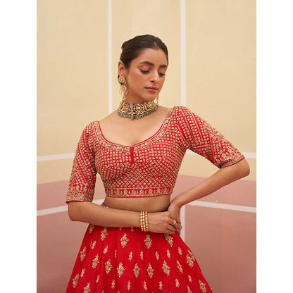 ANGAD SINGH Red Raw Silk Lehnga with Blouse & Dupatta (Set of 3)