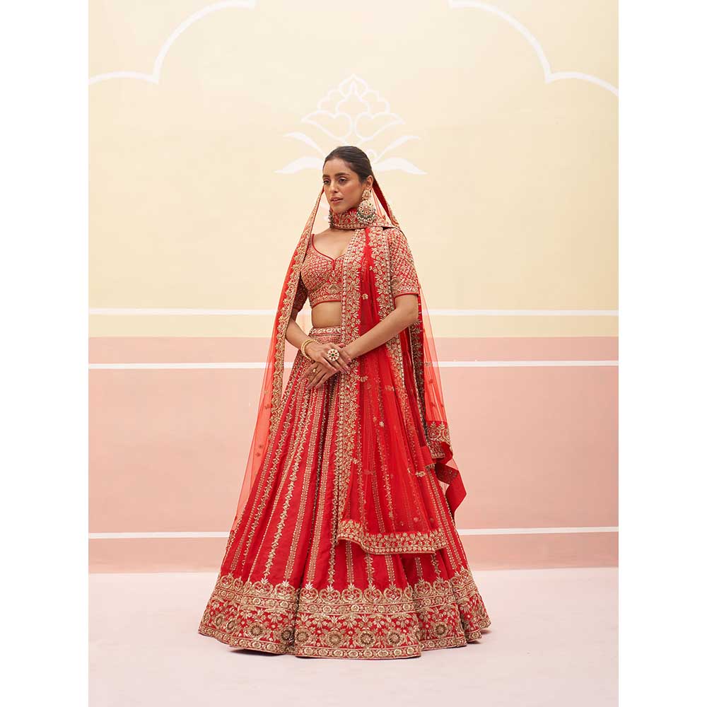 ANGAD SINGH Red Raw Silk Lehnga with Blouse & Dupatta (Set of 3)