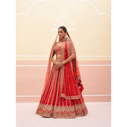 ANGAD SINGH Red Raw Silk Lehnga with Blouse & Dupatta (Set of 3)