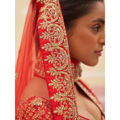 ANGAD SINGH Red Raw Silk Lehnga with Blouse & Dupatta (Set of 3)