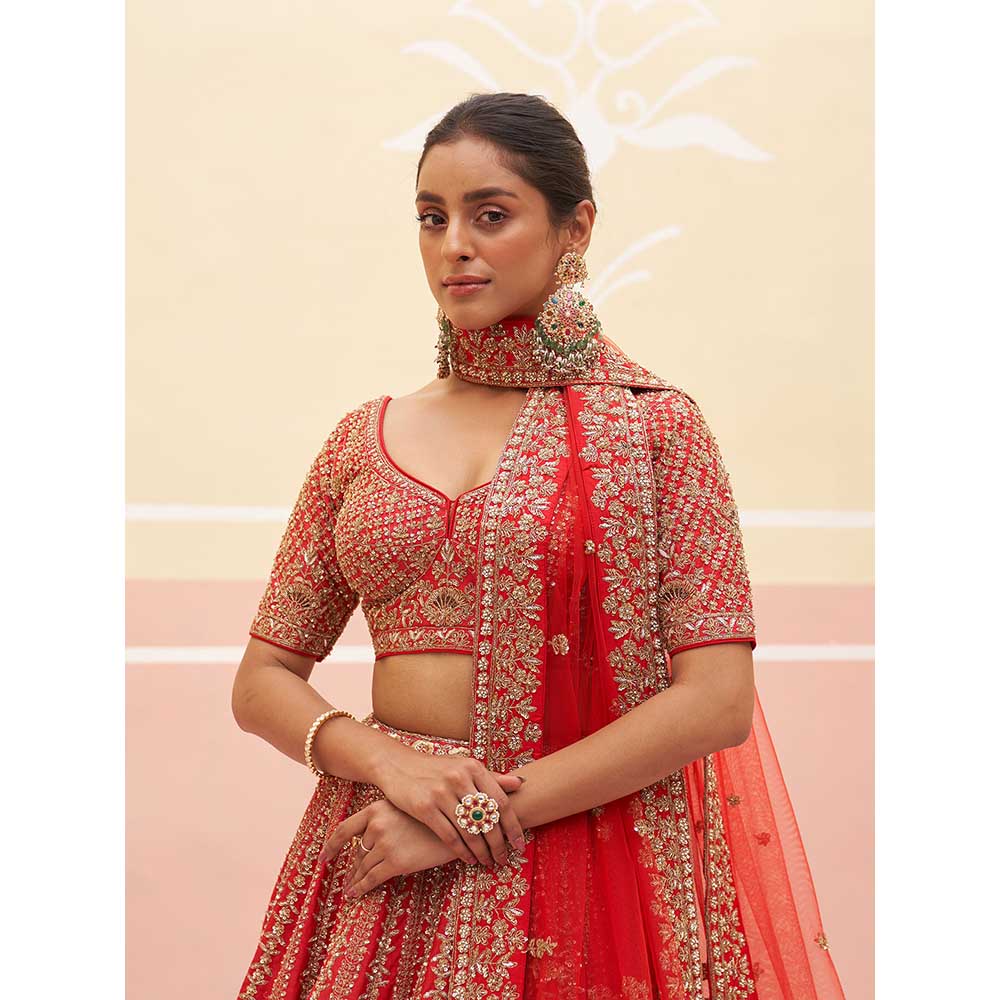 ANGAD SINGH Red Raw Silk Lehnga with Blouse & Dupatta (Set of 3)