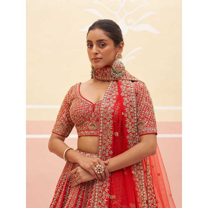 ANGAD SINGH Red Raw Silk Lehnga with Blouse & Dupatta (Set of 3)