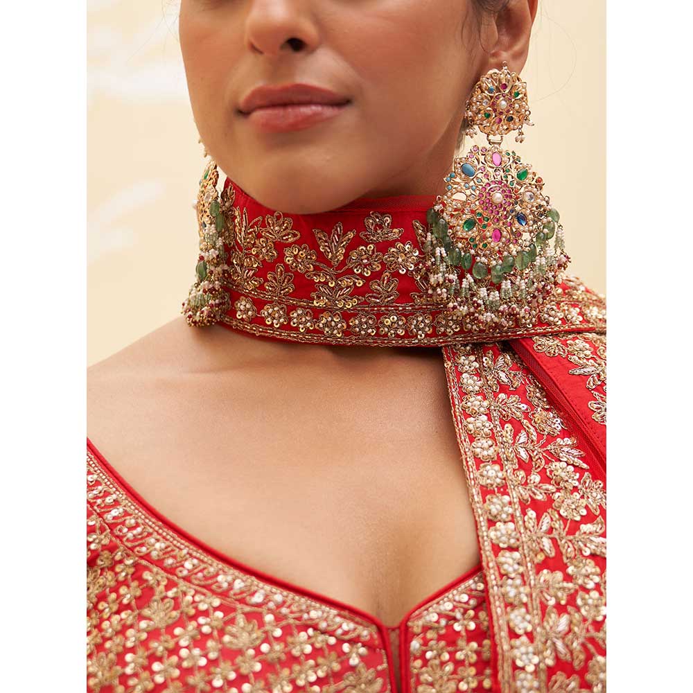 ANGAD SINGH Red Raw Silk Lehnga with Blouse & Dupatta (Set of 3)