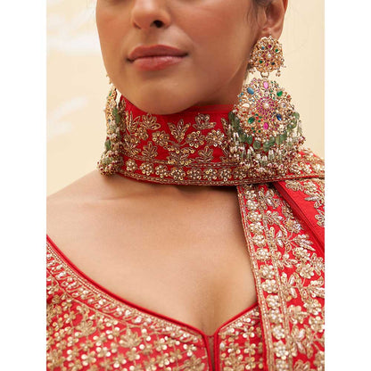 ANGAD SINGH Red Raw Silk Lehnga with Blouse & Dupatta (Set of 3)