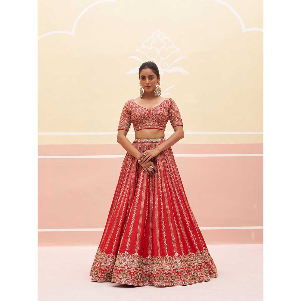 ANGAD SINGH Red Raw Silk Lehnga with Blouse & Dupatta (Set of 3)