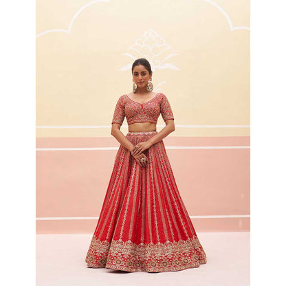 ANGAD SINGH Red Raw Silk Lehnga with Blouse & Dupatta (Set of 3)