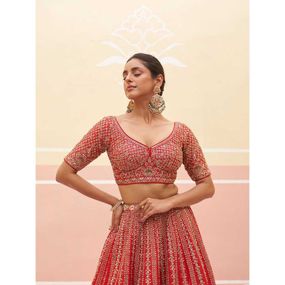 ANGAD SINGH Red Raw Silk Lehnga with Blouse & Dupatta (Set of 3)