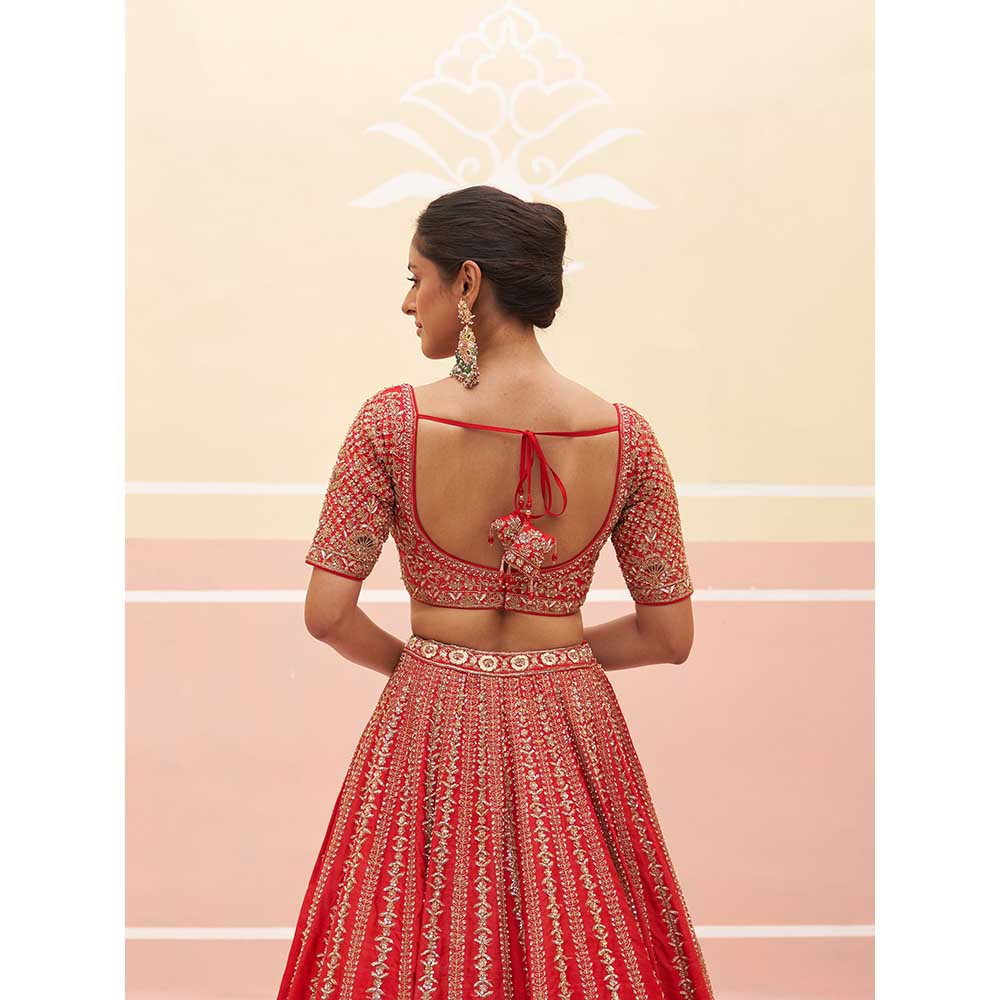 ANGAD SINGH Red Raw Silk Lehnga with Blouse & Dupatta (Set of 3)