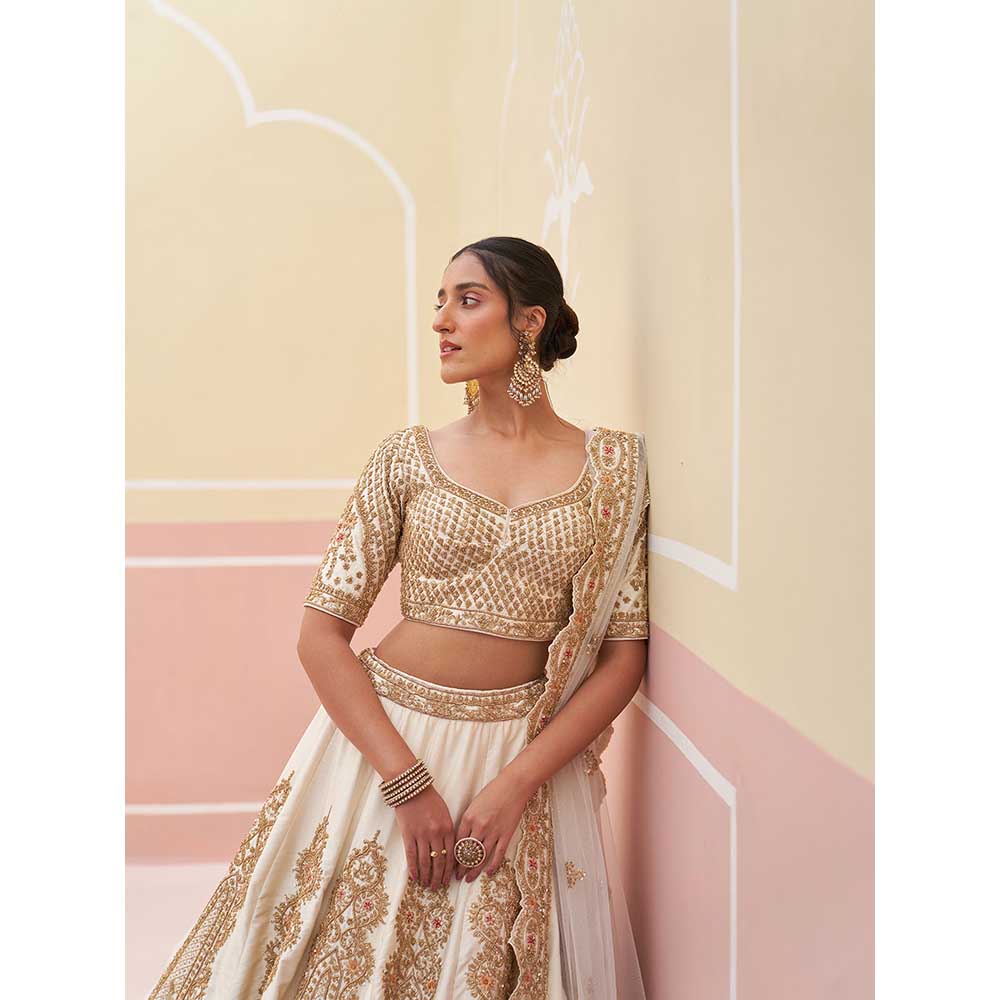 ANGAD SINGH Ivory Raw Silk Lehnga with Blouse & Dupatta (Set of 3)