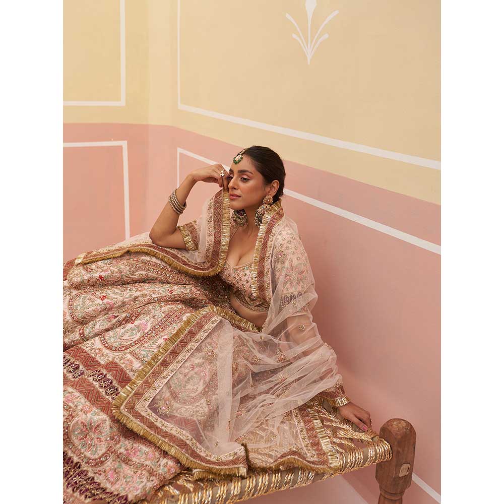 ANGAD SINGH Peach Raw Silk Lehnga with Blouse & Dupatta (Set of 3)