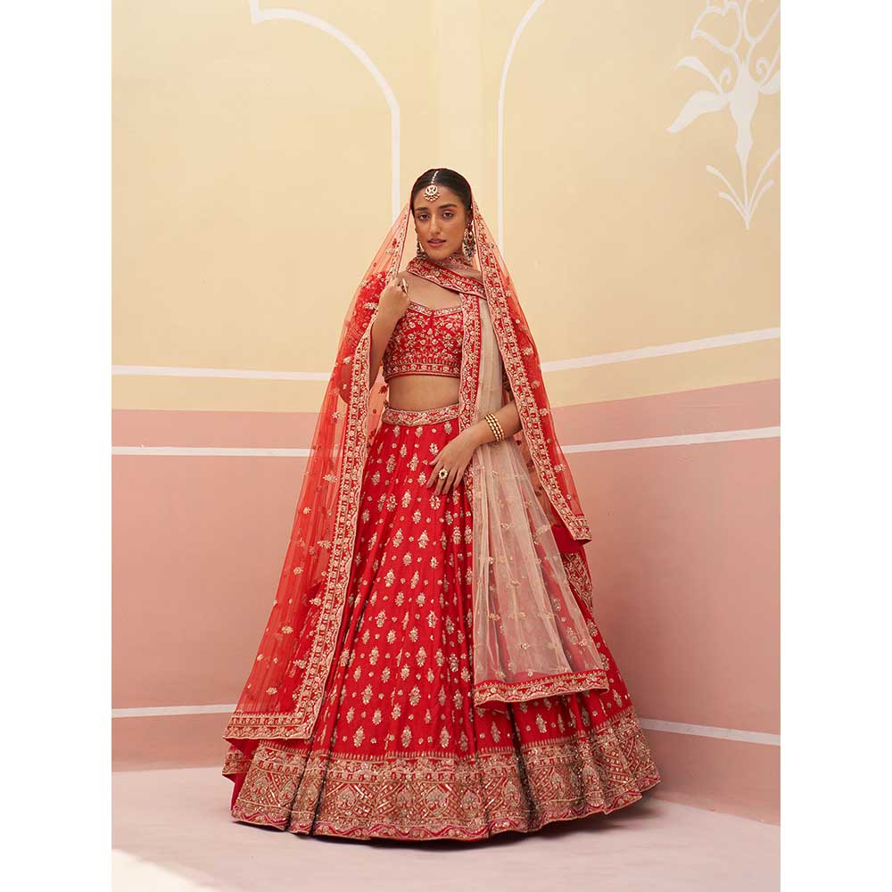 ANGAD SINGH Red Raw Silk Lehnga with Blouse & Dupatta (Set of 3)