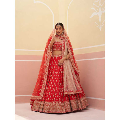 ANGAD SINGH Red Raw Silk Lehnga with Blouse & Dupatta (Set of 3)