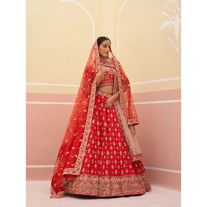 ANGAD SINGH Red Raw Silk Lehnga with Blouse & Dupatta (Set of 3)
