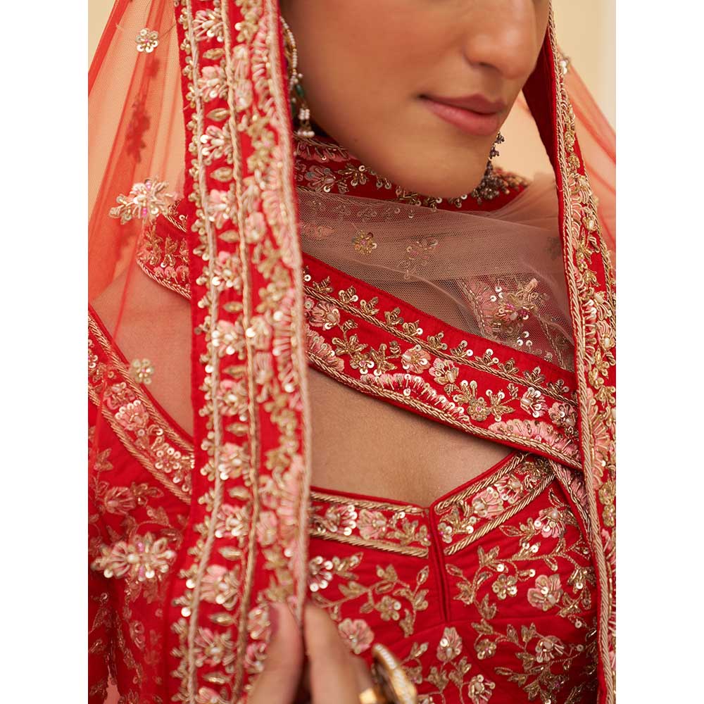 ANGAD SINGH Red Raw Silk Lehnga with Blouse & Dupatta (Set of 3)