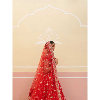 ANGAD SINGH Red Raw Silk Lehnga with Blouse & Dupatta (Set of 3)
