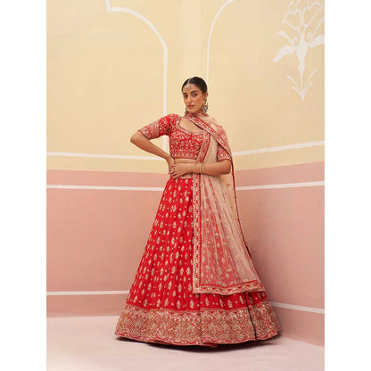 ANGAD SINGH Red Raw Silk Lehnga with Blouse & Dupatta (Set of 3)