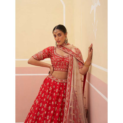 ANGAD SINGH Red Raw Silk Lehnga with Blouse & Dupatta (Set of 3)