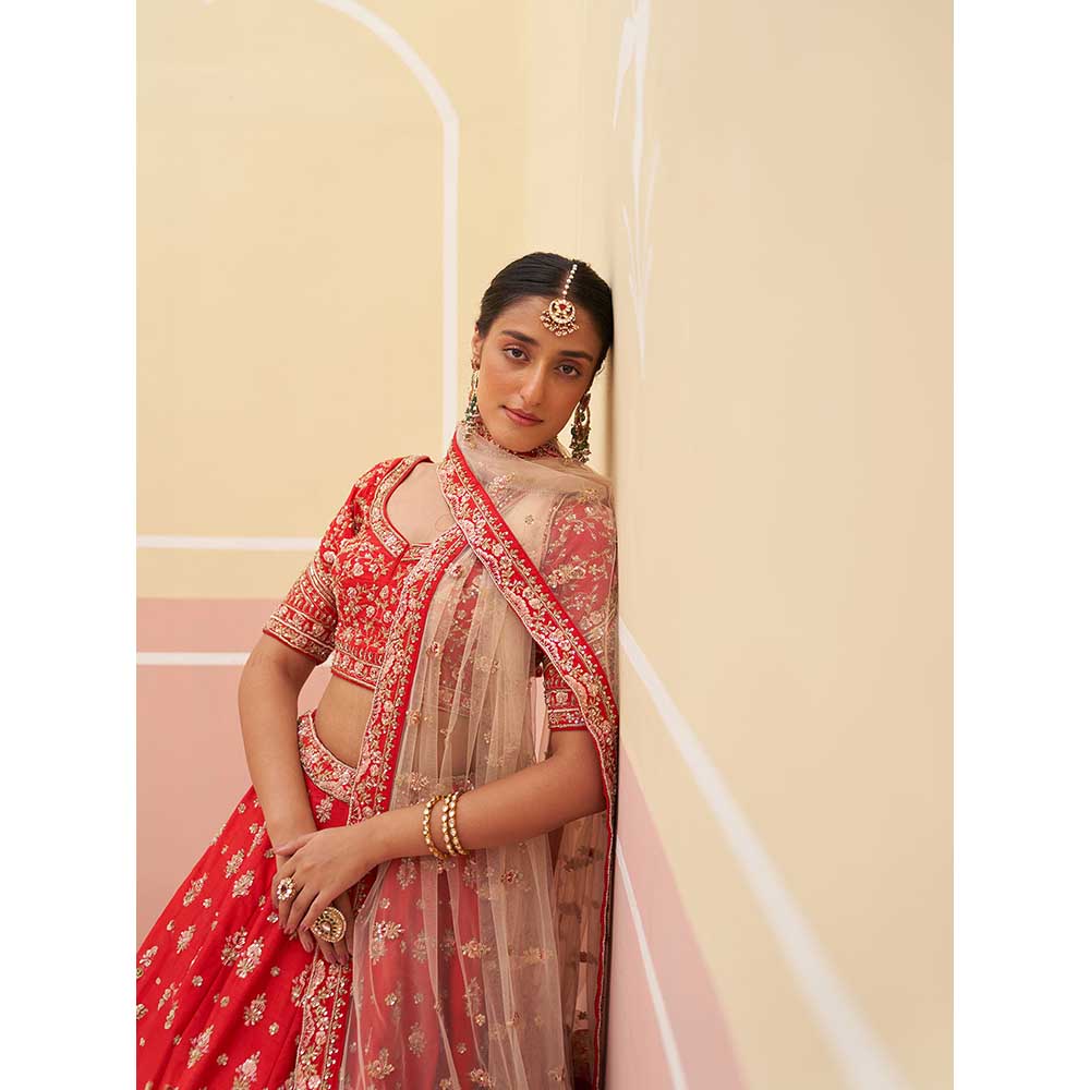 ANGAD SINGH Red Raw Silk Lehnga with Blouse & Dupatta (Set of 3)