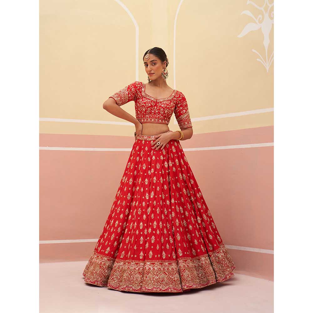 ANGAD SINGH Red Raw Silk Lehnga with Blouse & Dupatta (Set of 3)