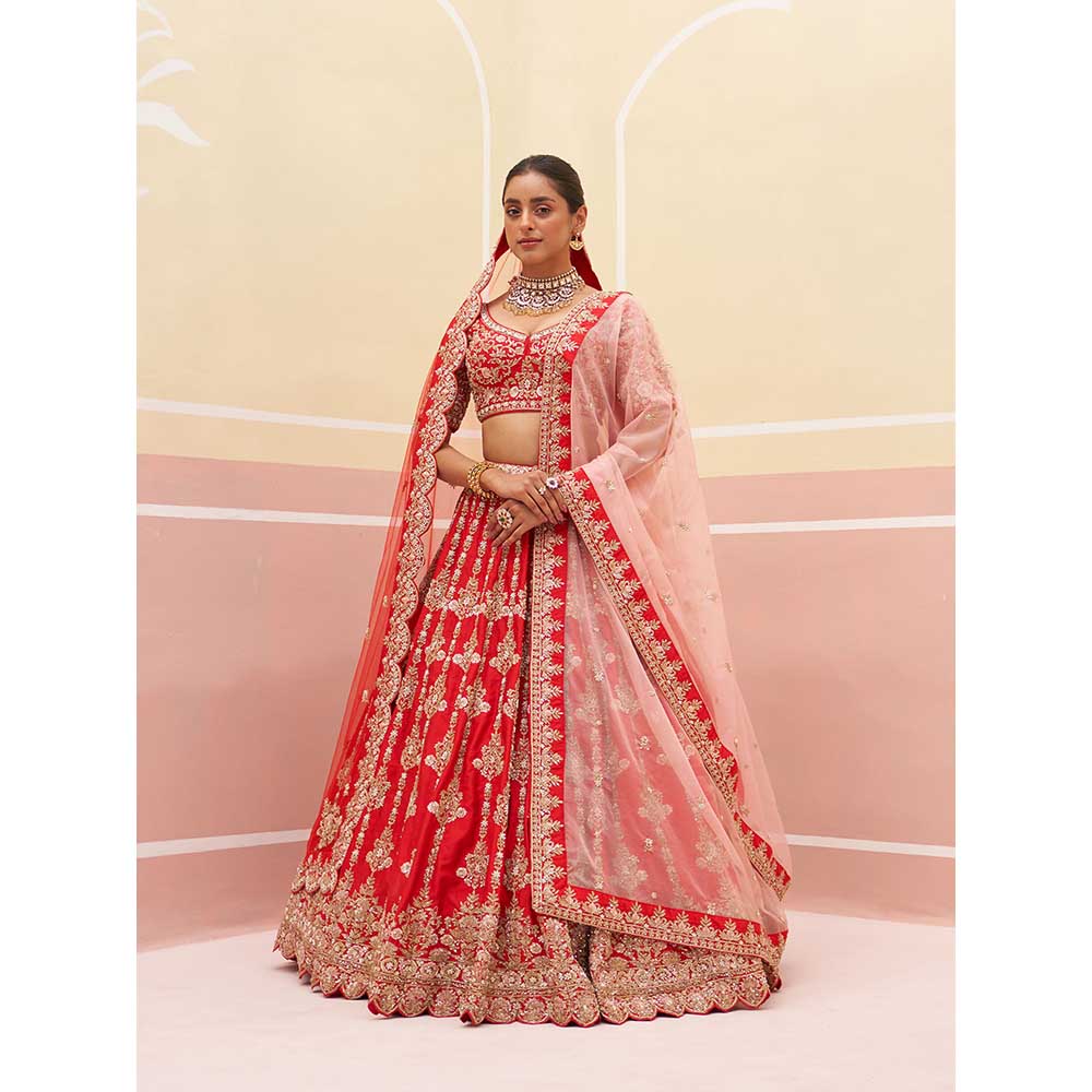 ANGAD SINGH Red Raw Silk Lehnga with Blouse & Dupatta (Set of 3)