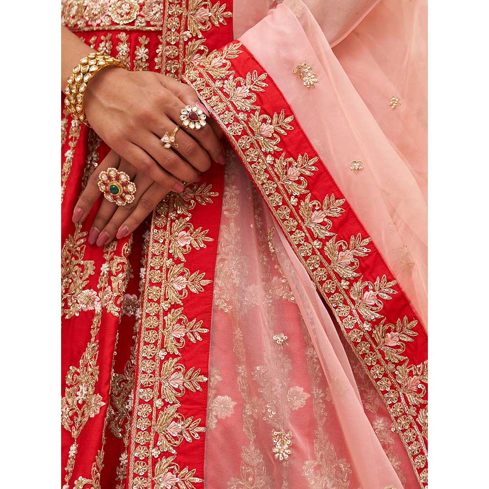 ANGAD SINGH Red Raw Silk Lehnga with Blouse & Dupatta (Set of 3)