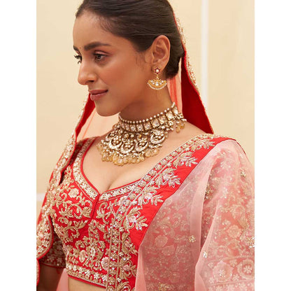 ANGAD SINGH Red Raw Silk Lehnga with Blouse & Dupatta (Set of 3)