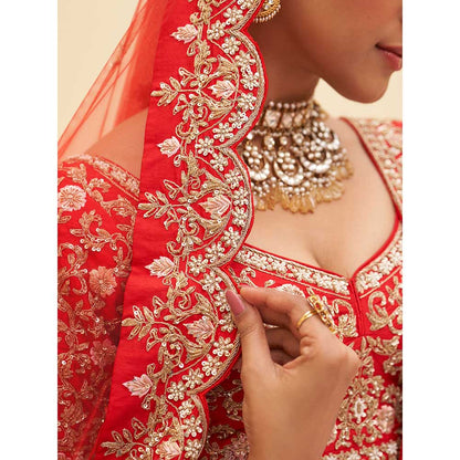 ANGAD SINGH Red Raw Silk Lehnga with Blouse & Dupatta (Set of 3)