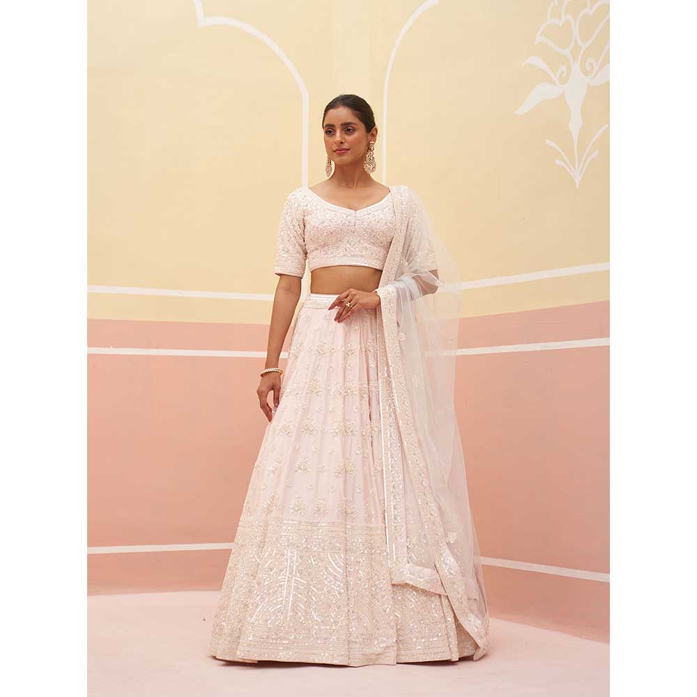 ANGAD SINGH Blush Pink Raw Silk Lehnga with Blouse & Dupatta (Set of 3)