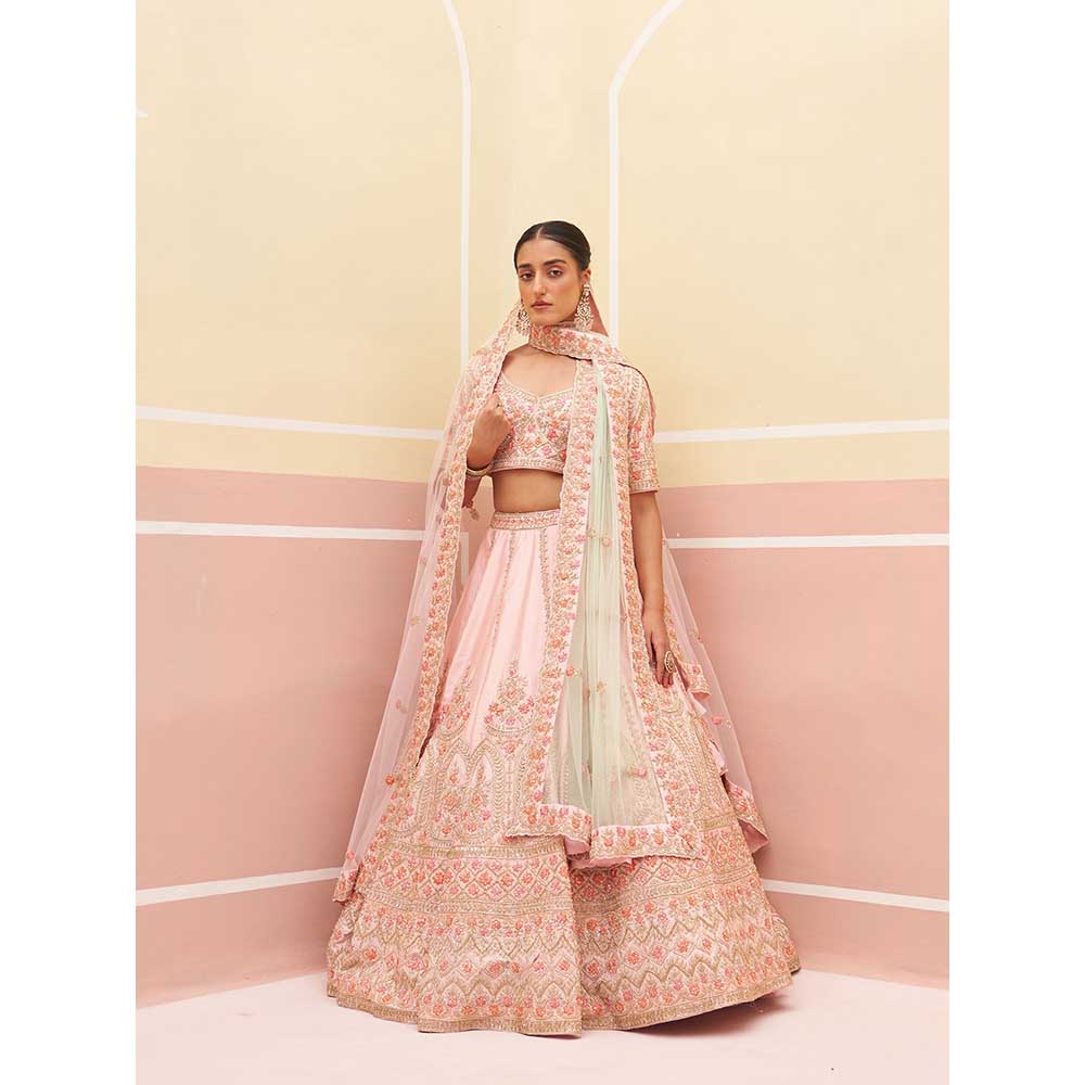 ANGAD SINGH Pink Raw Silk Lehnga with Blouse & Dupatta (Set of 3)