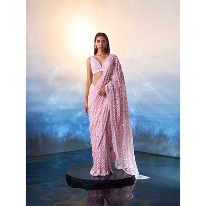 ANGAD SINGH Pink Net Saree with Stitched Blouse and Petticoat