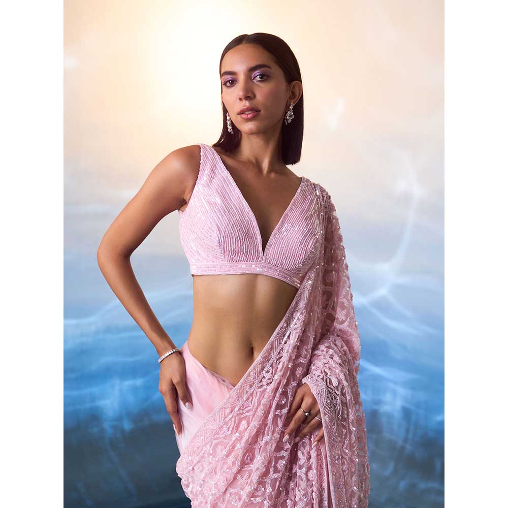 ANGAD SINGH Pink Net Saree with Stitched Blouse and Petticoat