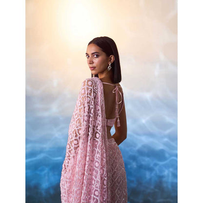 ANGAD SINGH Pink Net Saree with Stitched Blouse and Petticoat