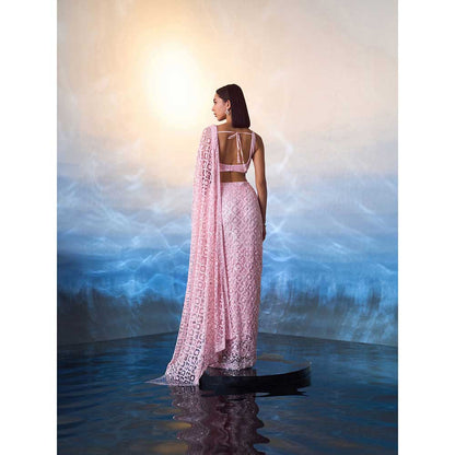 ANGAD SINGH Pink Net Saree with Stitched Blouse and Petticoat