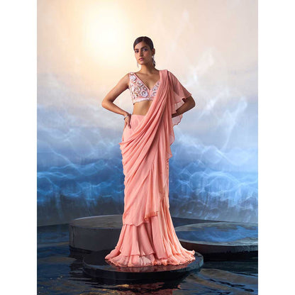 ANGAD SINGH Peach Georgette Drape Saree with Stitched Blouse
