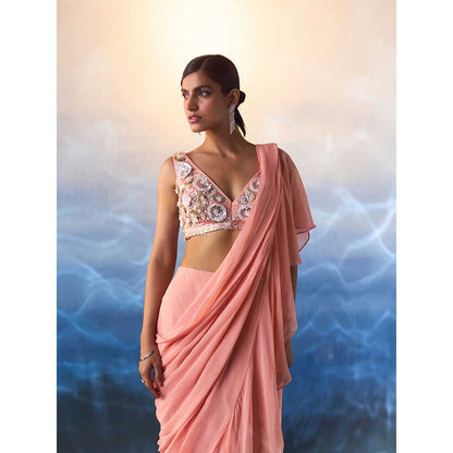 ANGAD SINGH Peach Georgette Drape Saree with Stitched Blouse