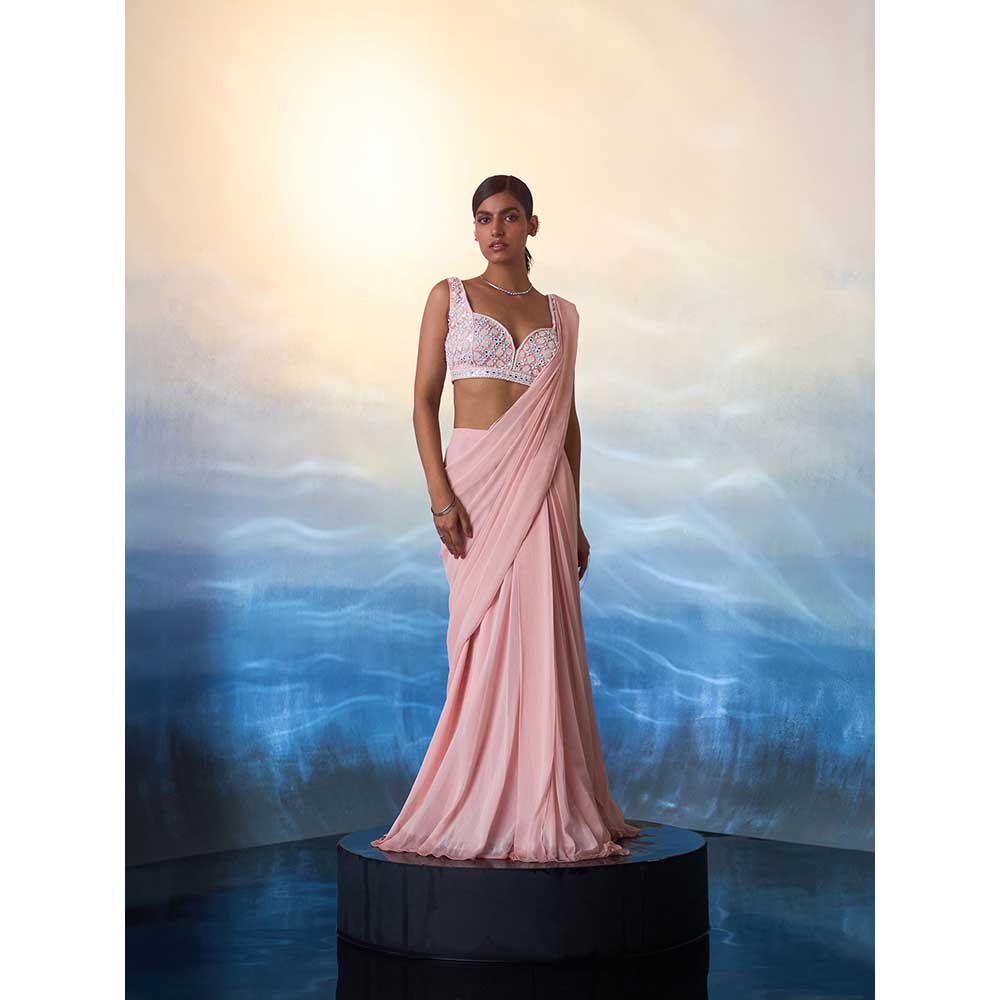 ANGAD SINGH Dusty Peach Georgette Drape Saree with Stitched Blouse