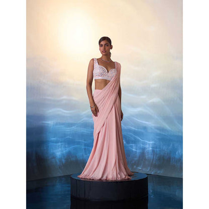 ANGAD SINGH Dusty Peach Georgette Drape Saree with Stitched Blouse