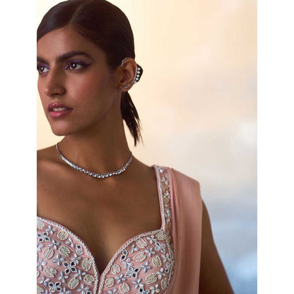ANGAD SINGH Dusty Peach Georgette Drape Saree with Stitched Blouse