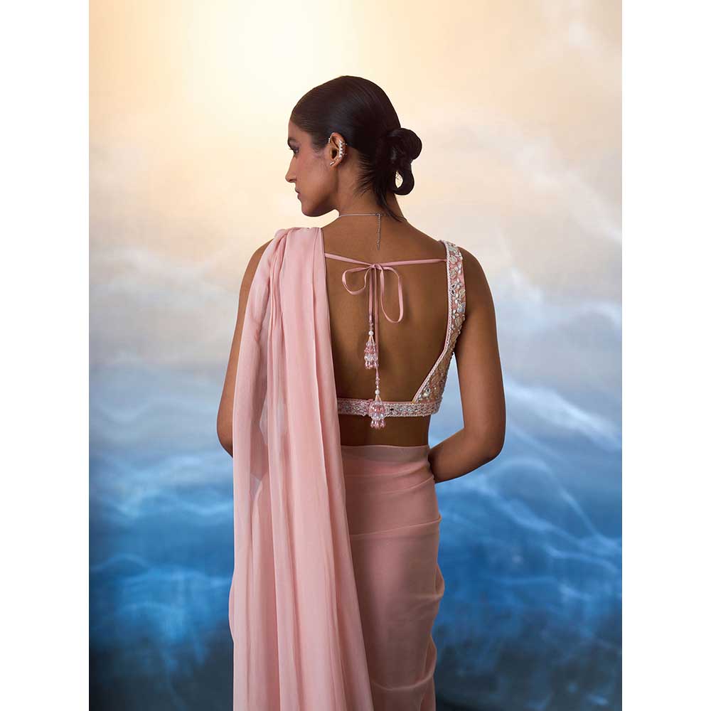 ANGAD SINGH Dusty Peach Georgette Drape Saree with Stitched Blouse
