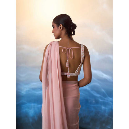 ANGAD SINGH Dusty Peach Georgette Drape Saree with Stitched Blouse