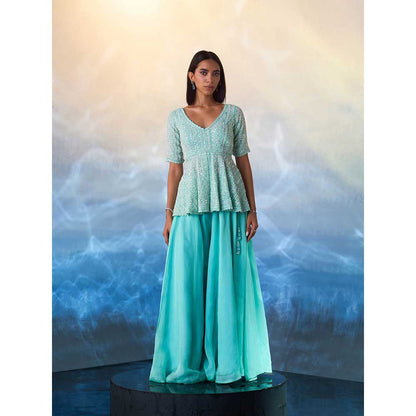 ANGAD SINGH Mint Green Peplum Organza Kurti with Sharara (Set of 2)