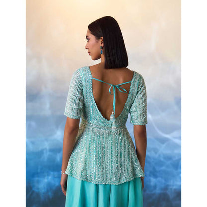 ANGAD SINGH Mint Green Peplum Organza Kurti with Sharara (Set of 2)