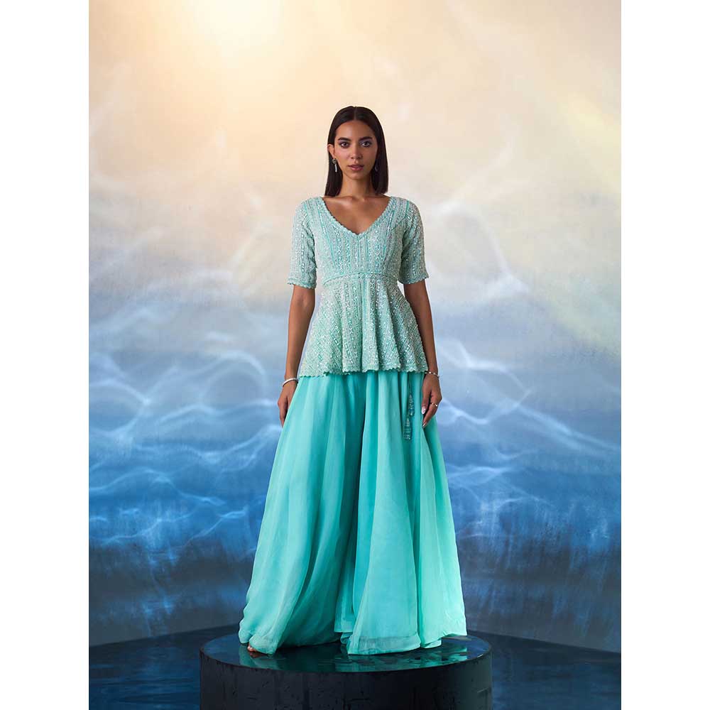 ANGAD SINGH Mint Green Peplum Organza Kurti with Sharara (Set of 2)