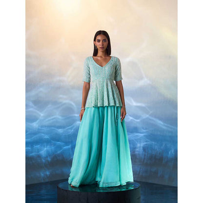 ANGAD SINGH Mint Green Peplum Organza Kurti with Sharara (Set of 2)