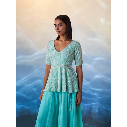 ANGAD SINGH Mint Green Peplum Organza Kurti with Sharara (Set of 2)