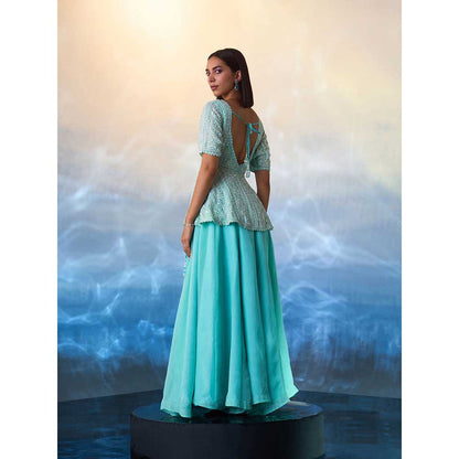 ANGAD SINGH Mint Green Peplum Organza Kurti with Sharara (Set of 2)