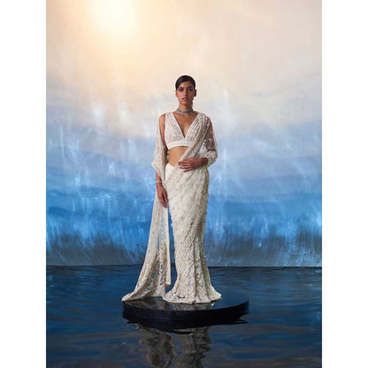 ANGAD SINGH Ivory Net Saree with Stitched Blouse and Petticoat