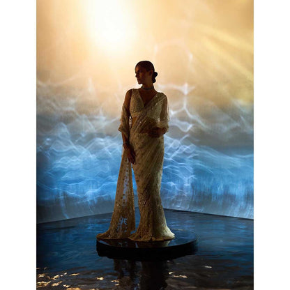 ANGAD SINGH Ivory Net Saree with Stitched Blouse and Petticoat