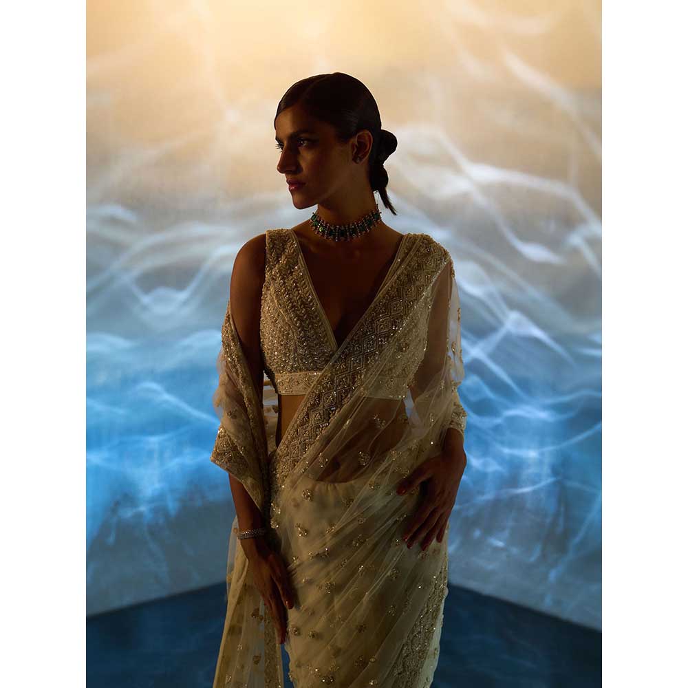 ANGAD SINGH Ivory Net Saree with Stitched Blouse and Petticoat