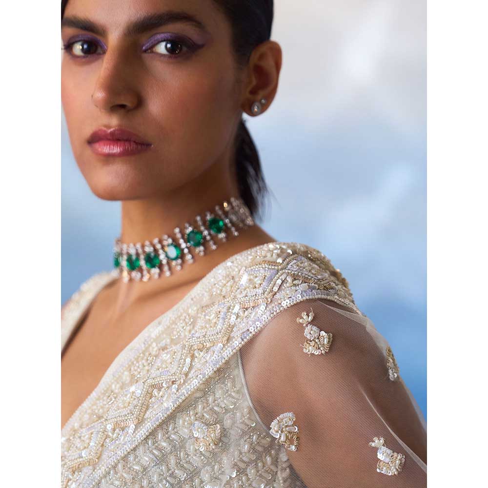 ANGAD SINGH Ivory Net Saree with Stitched Blouse and Petticoat